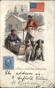 Mailman Mail Delivery Postage Stamps Around World US DOG SLED c1900 Postcard