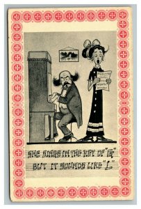 Vintage 1910's Winsch Comic Postcard - Woman Sings Off Key - Man at Piano FUNNY