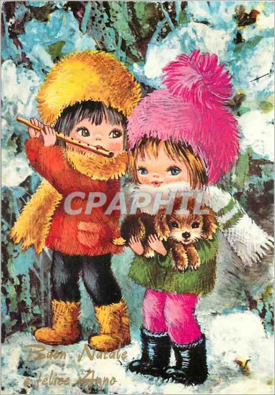 Modern Postcard Buon native e Felice Anno Children Flute