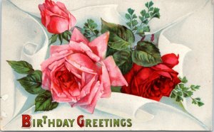 Postcard Birthday Greetings - pink and red rose 4 bar cancel 1913 NH