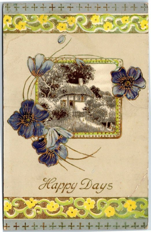 Happy Returns - blue flowers and house - greetings postcard