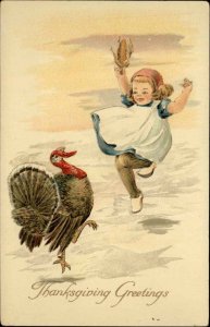 Thanksgiving Little Girl Teases Turkey with Corn Gel c1910 Vintage Postcard