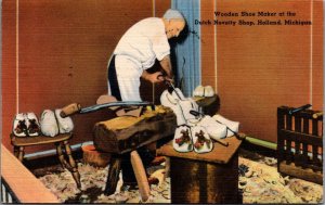 Wooden Shoe Maker At The Dutch Novelty Shop Holland Michigan Linen Postcard C119