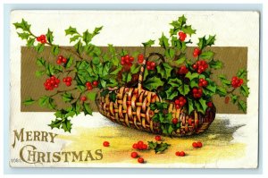 Antique 1910's Christmas Basket Holly Nash Embossed Postcard