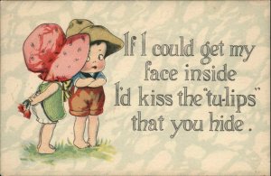 Little Sunbonnet Girl and Little Boy Kiss the tu-lips Wordplay c1910 Postcard