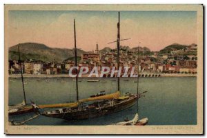 Old Postcard Menton harbor and old town boat