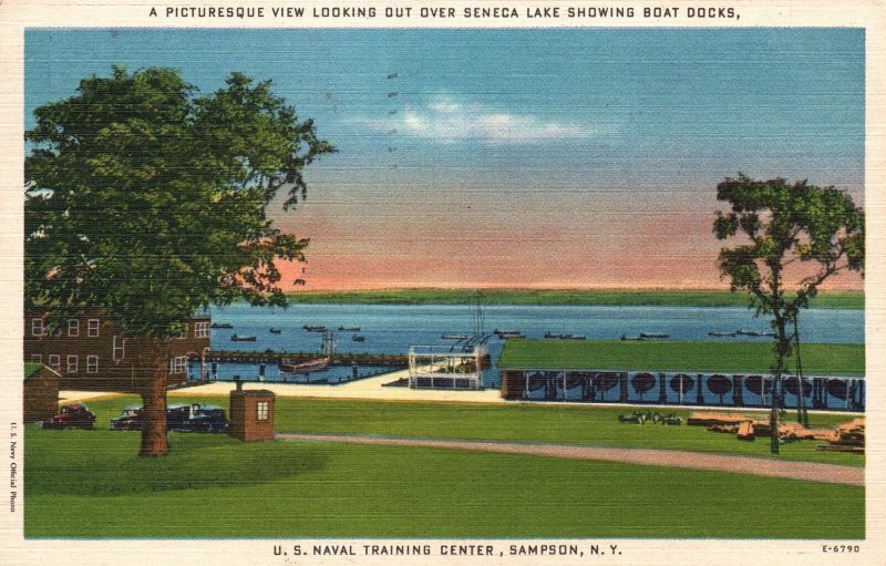 Vintage Postcard 1944 Boat Docks Seneca Lake US Naval Training Center Sampson NY