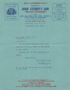 GRETNA LOUISIANA~JOHN STUMPFS SON MAGIC HOODOO-KILLS ANTS ROACHS~1929 LETTERHEAD