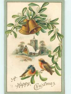 Pre-Linen christmas CUTE BIRDS WITH MISTLETOE & BELLS & WINTER SCENE hr2863