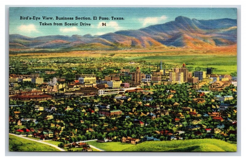 Birds Eye View Skyline Business Section EL Paso Texas TX UNP Linen Postcard N18