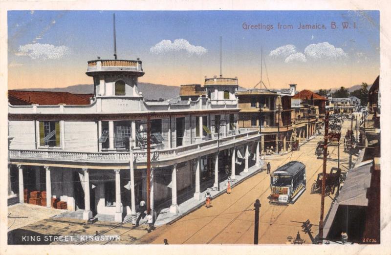 KINGSTON JAMAICA~KING STREET~TROLLEY~DUPERLY #20 PUBL POSTCARD 1910s