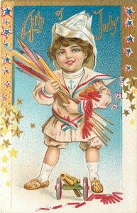 Patriotic, Fourth of July, Girl with Fireworks, Firecrackers, Cannon, Embossed