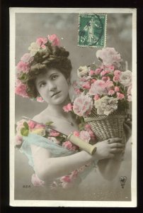 1908 French colored real photo postcard. Woman with flowers. B&F pansy logo