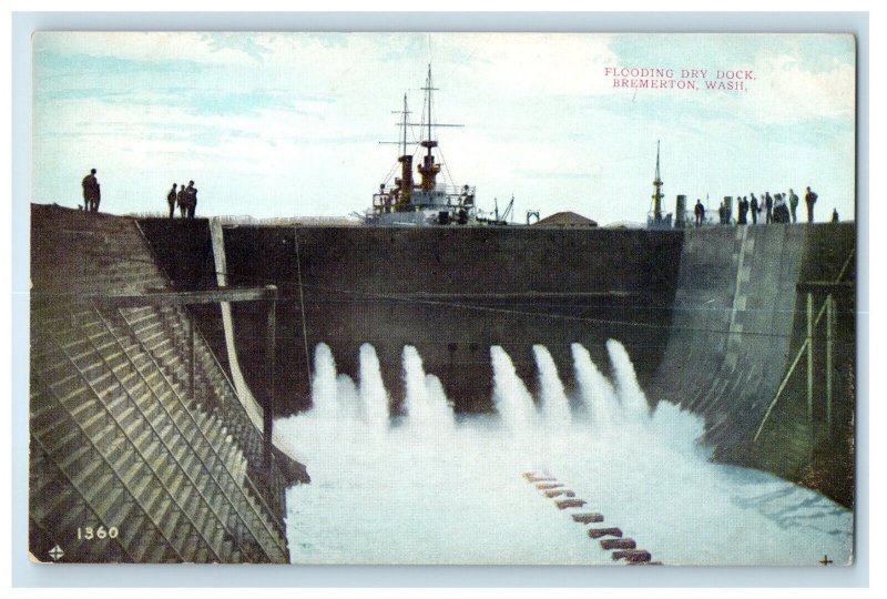 1909 Flooding Dry Dock, Brementon Washington WA Unposted Antique Postcard 