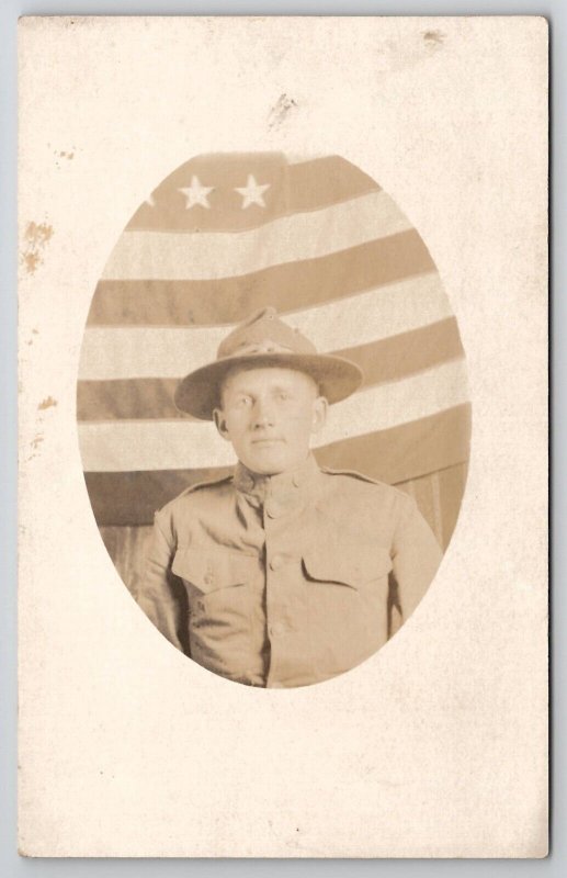 WW1 Handsome US Soldier American Flag RPPC Doughboy Real Photo Postcard A48