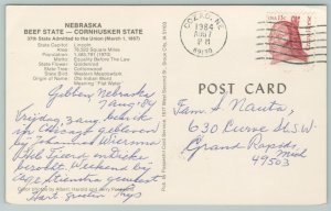 Nebraska~Map Of Beef State~Cornhusker State~Vintage Postcard 