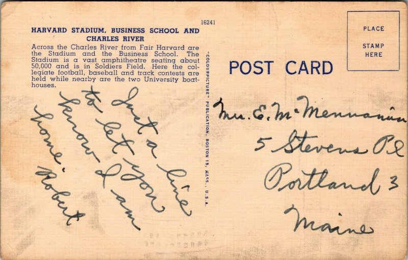 Vtg Cambridge MA Harvard Stadium Business School Charles River B 1940s Postcard