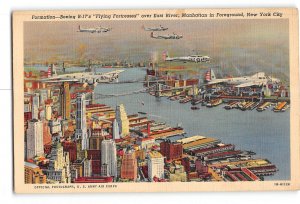 New York City NY Postcard 1930-1950 Boeing B-17's Fly Fortresses Over East River