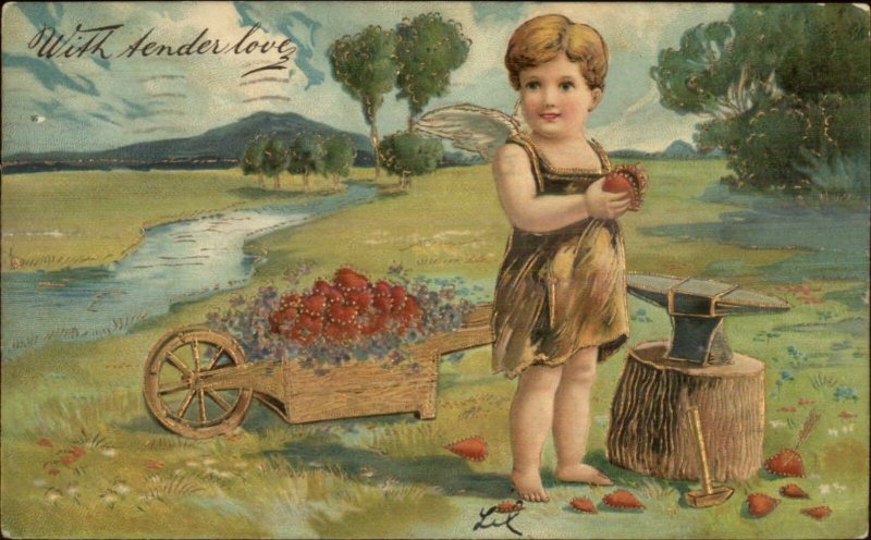 Valentine - Cherub Blacksmith Forge Gold Wheelbarrow c1910 Postcard 