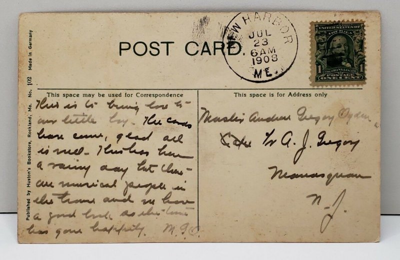 Mohegan Harbor Maine, Steamer May Leaving Harbor 1908 Postcard B3