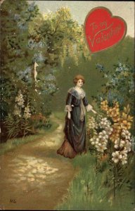 A/S MG Valentine Beautiful Woman Garden Walk c1910 Vintage Postcard