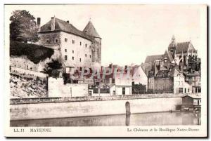 Old Postcard Mayenne Chateau and the basilica Notre Dame