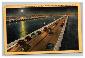 Vintage 1930's Postcard New Causeway Moonlight Four Lane Highway Galveston TX