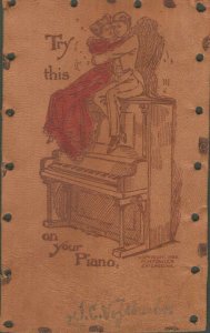 Vintage 1905 Leather Postcard - Lovers on Piano - Try this on your Piano - Funny