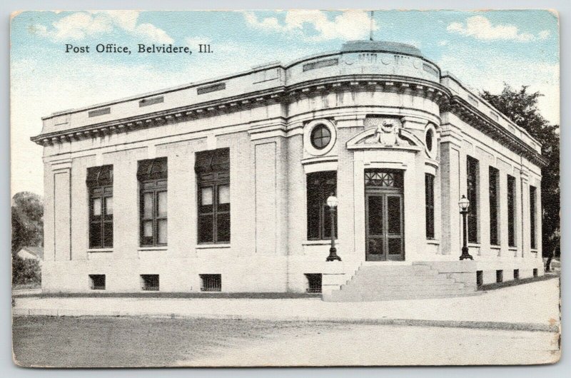 Bevidere Illinois~Post Office~Double Doors Face Corner~Lamp Posts~1908 Postcard 