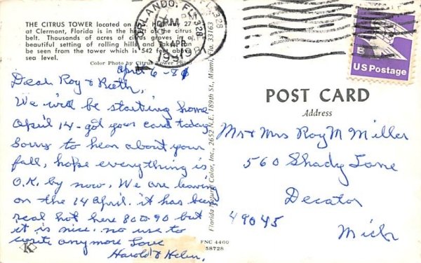 Greetings from Citrus Tower Clermont, Florida