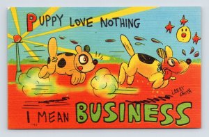 Larry Smith Artist Signed Comic Puppy Love Dogs Linen Asheville Postcard UNP N4