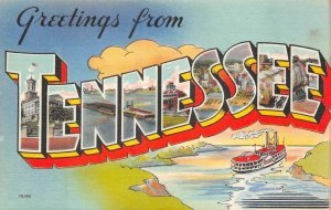 GREETINGS FROM TENNESSEE PADDLE WHEEL SHIP LARGE LETTER POSTCARD (c. 1940s)