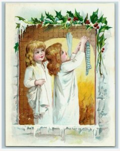 1880s-90s Christmas Lion Coffee Woolson Spice Co. Children Hanging Stockings *D 