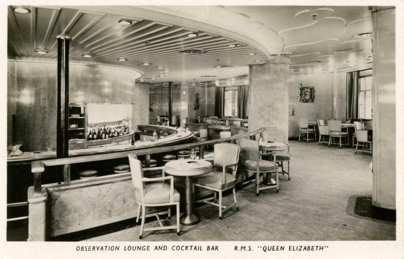 Cunard Lines - RMS Queen Elizabeth. **RPPC**  Observation Lounge and Cocktail...