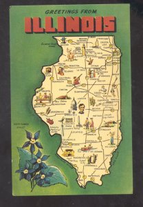 GREETINGS FROM ILLINOIS STATE MAP POSTCARD ILL. BIOLET FLOWER