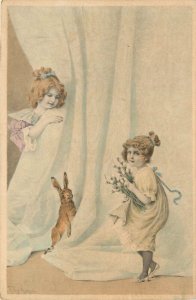 MM Vienne Easter Postcard 138 Little Girls Play with Rabbit, Wichera Posted 1904