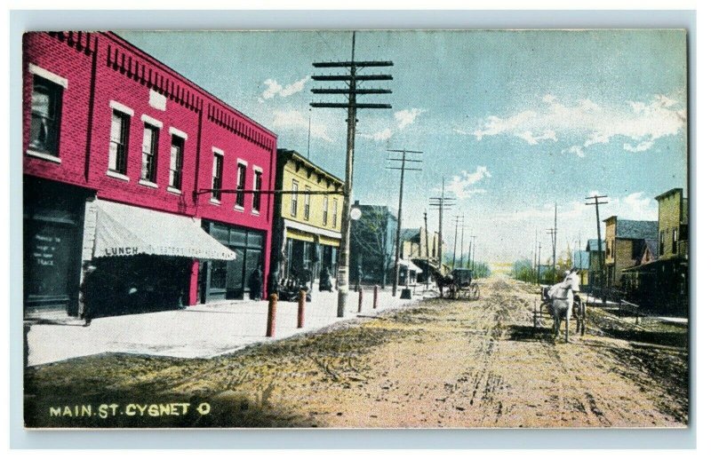 c. 1910 Downtown Horse Wagons Main St Cygnet, OH Postcard P16 