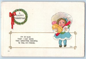 Christmas Postcard Wreath Berries Little Girl With Gifts Embossed Santa Rosa CA