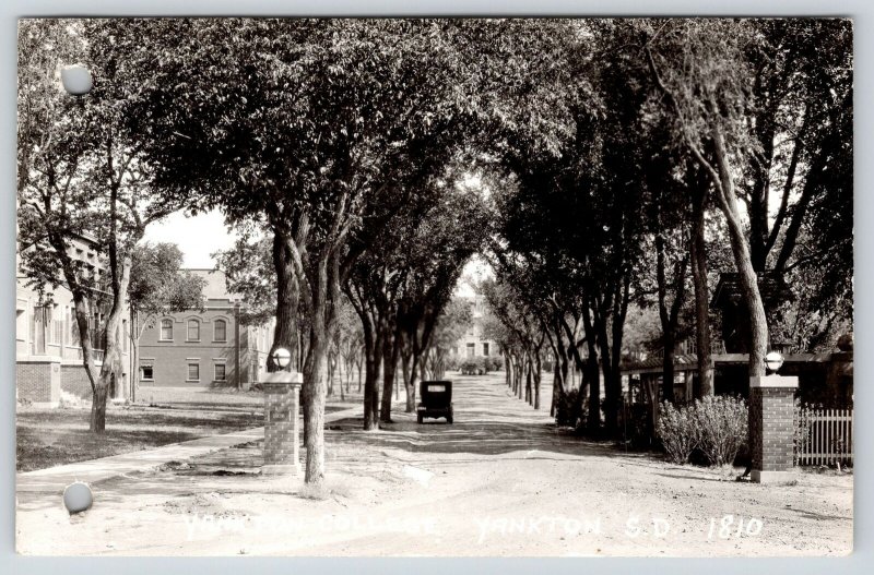 Yankton South Dakota~Yankton College Campus 1926 Pillar Gates~Car~RPPC 