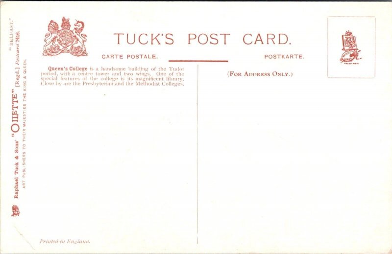 Belfast Queen's College Tuck 7416 Vintage Postcard G78