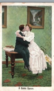 Lovers Couple Kissing On The Table Sweet Romance, Vintage Postcard, 1909