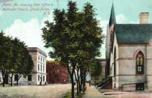 Vintage Postcard 1909 Post Office & Methodist Church Grand Forks North Dakota ND