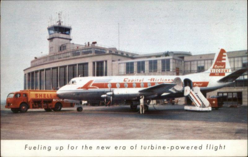 Capital Airlines Airplane Airport Shell Fuel Truck VINTAGE 1950s-60s Postcard