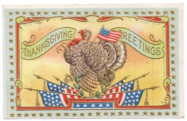 Vintage Patriotic Thanksgiving Postcard Turkey Gold Star Frame Flags Embossed