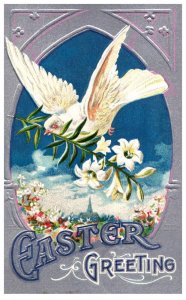 Easter Dove flying with branch of lilies