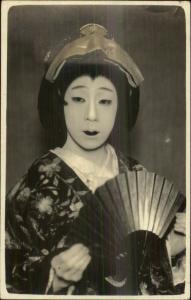 Japan Japanese Geisha w/ Fan Painted Face Used Real Photo Postcard