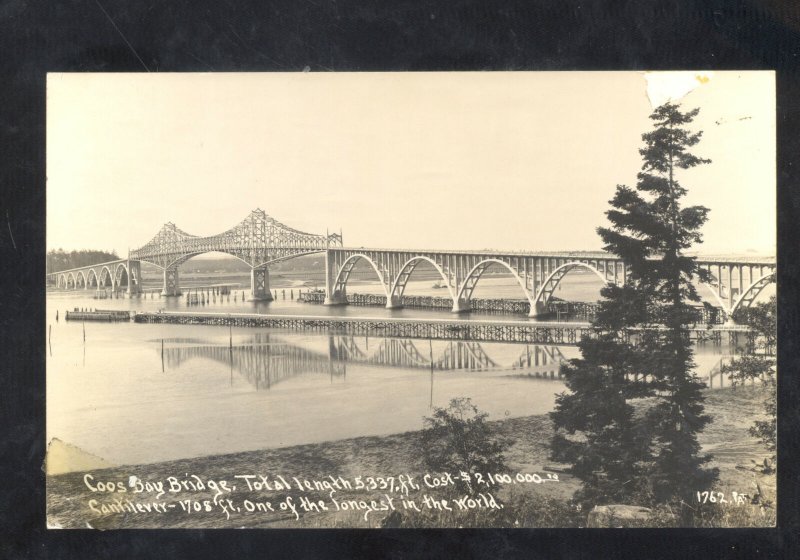 RPPC COOS BAY OREGON WORLD'S LONGEST BRIDGE VINTAGE REAL PHOTO POSTCARD