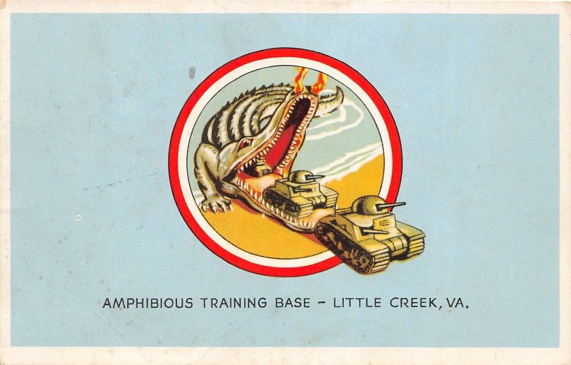 F74/ Patriotic Postcard c1944 Little Creek Virginia Alligator Tanks Base 4