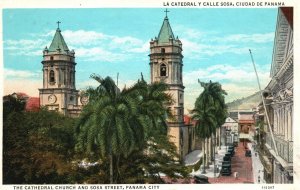 Vintage Postcard 1920's View of Cathedral Church and Sosa Street Panama City