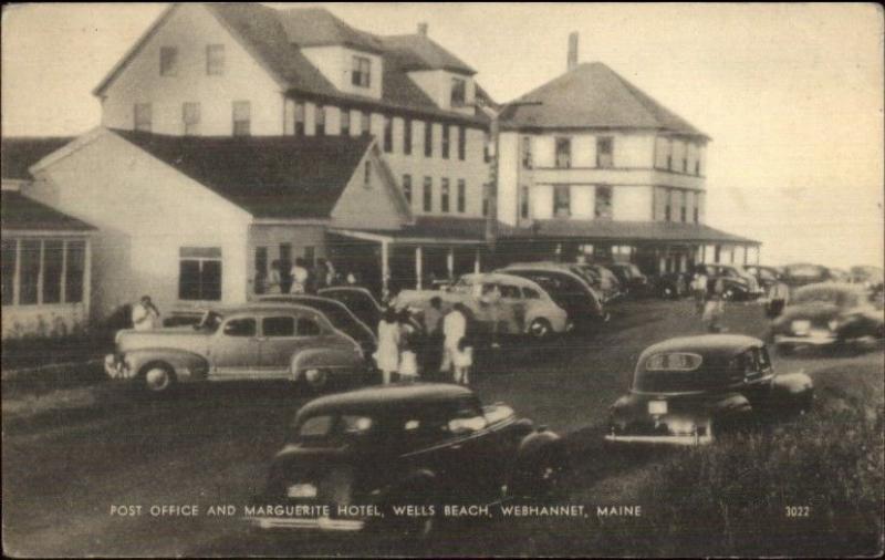 Wells Webhannet ME Post Office Hotel & Old Cars Postcard